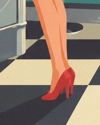 Die roten High Heels der Frau auf dem schwarz-creme karierten Boden