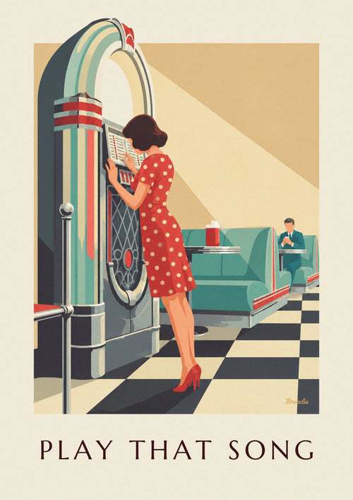 Woman in a polka dot dress choosing a song at the jukebox poster: the full poster