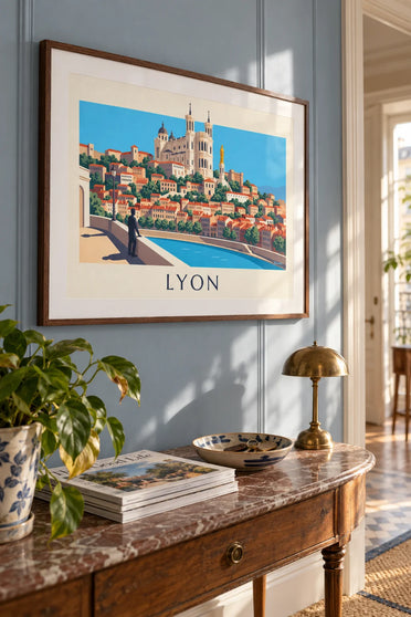 Affiche basilique de Fourvière au-dessus du Vieux Lyon : encadrée au mur