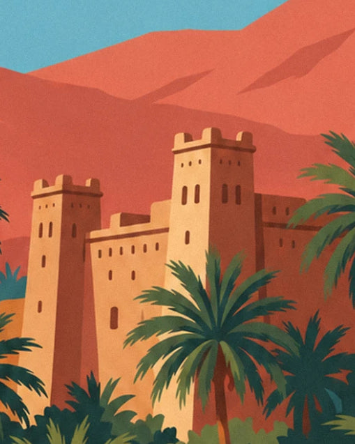 Die Lehmkasbah mit ihren 2 Zinnentürmen am Fuß der roten Berge