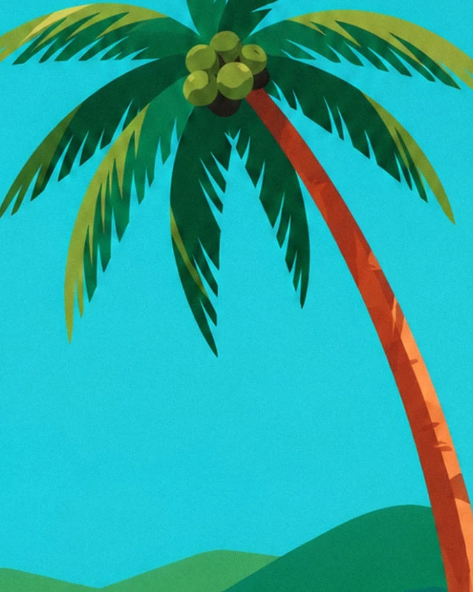 Eine Palme mit geneigtem Stamm, grünen Kokosnüssen und langen Wedeln