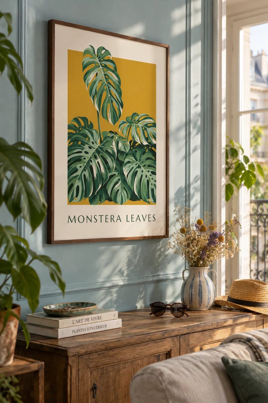 Poster Monstera-Blätter in einem üppigen Strauß: gerahmt an der Wand