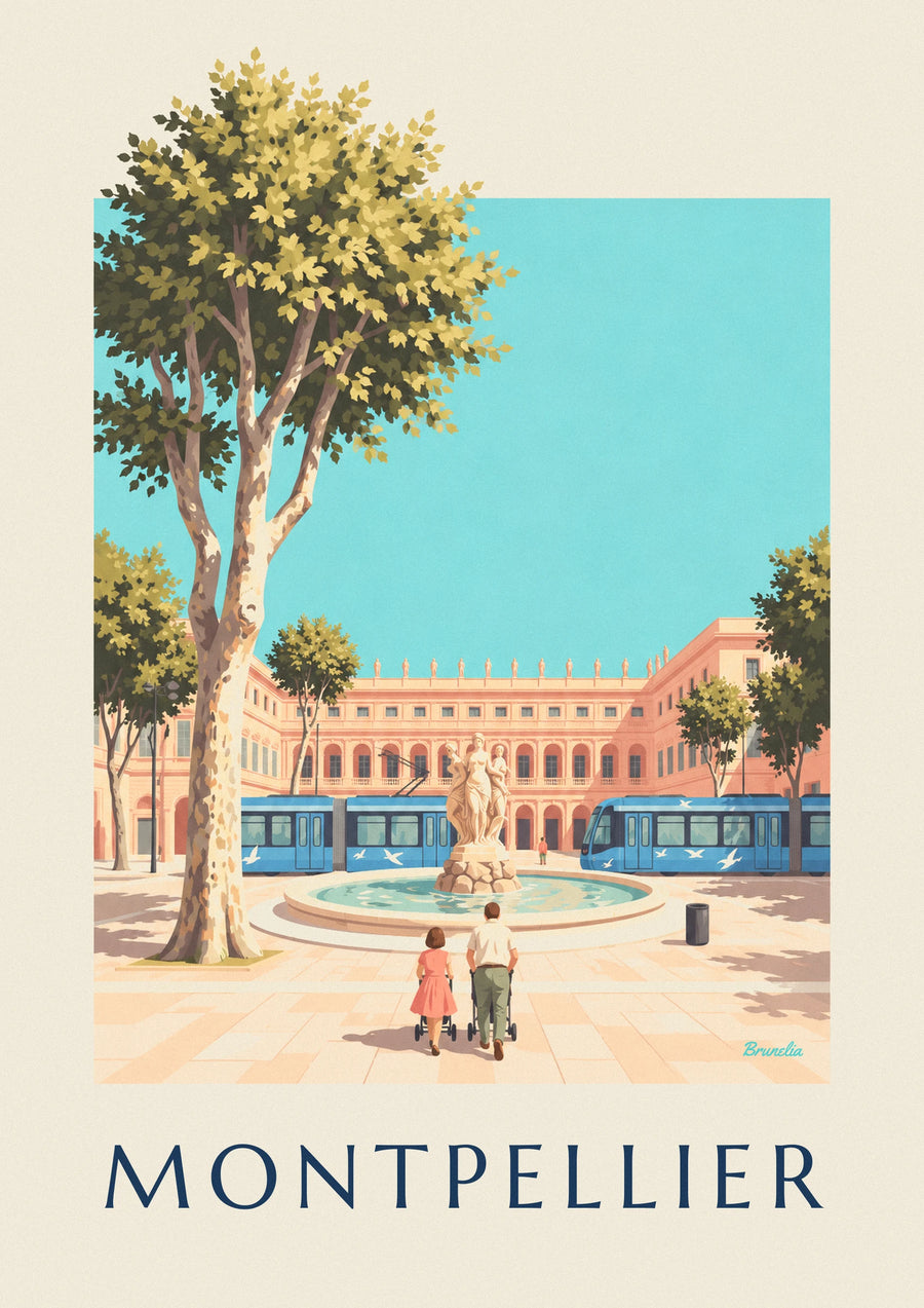 Poster Place de la Comédie und Straßenbahn in Montpellier