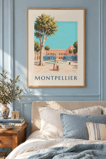 Affiche place de la Comédie et tramway de Montpellier : encadrée au mur