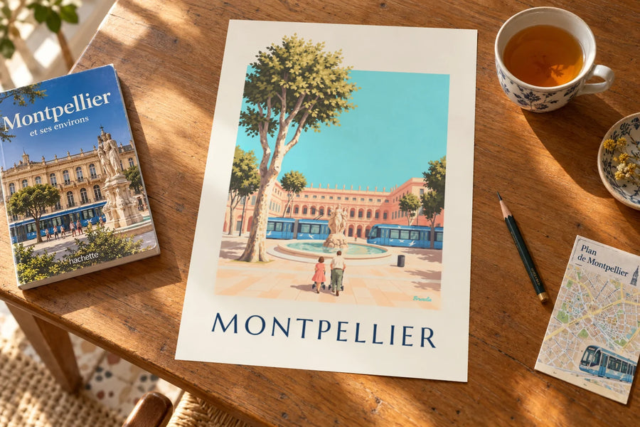 Poster mit Place de la Comédie und Straßenbahn von Montpellier: auf einem Tisch