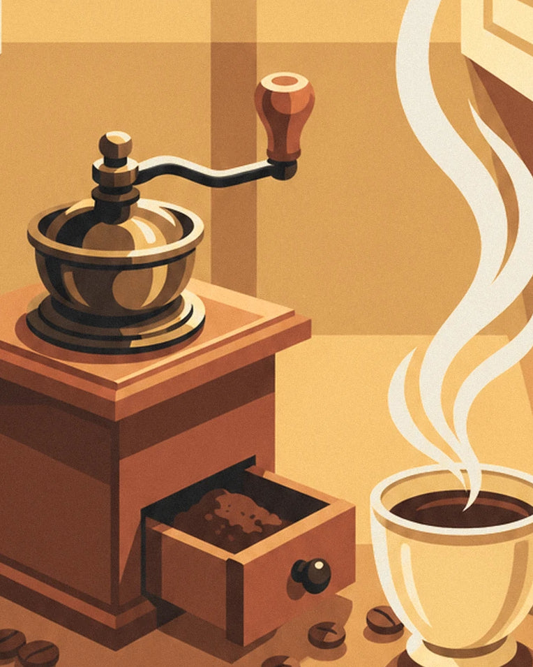 Poster Holz-Kaffeemühle und Kaffeebohnen: Detail in Nahaufnahme