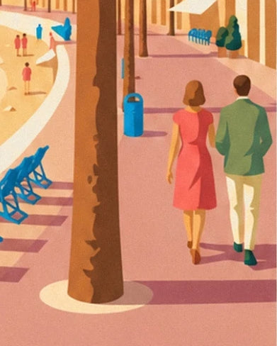 Un couple en robe rose et veste verte sur la promenade bordée de chaises bleues