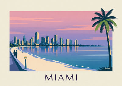 Poster Wolkenkratzer und Palmen von Miami in der Dämmerung: das ganze Poster