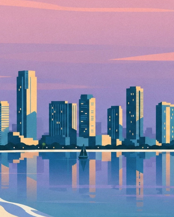 Die Wolkenkratzer von Miami mit blauen und goldenen Fassaden, gespiegelt im malvenfarbenen Wasser