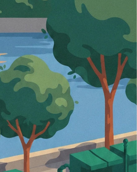 The leafy green trees between the blue Seine and the booksellers’ boxes