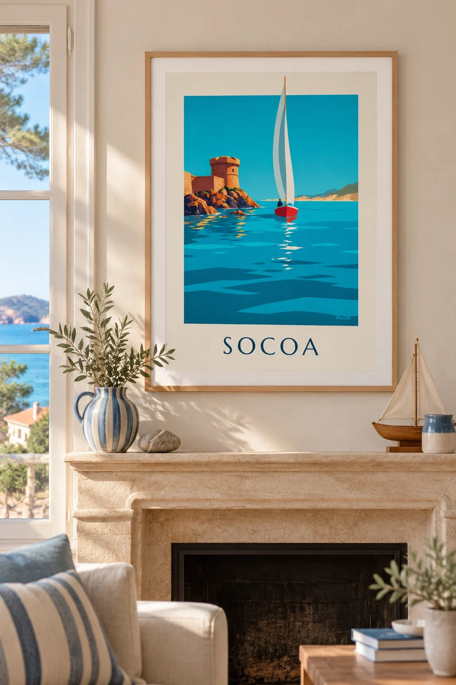 Affiche voilier devant le fort de Socoa à Saint-Jean-de-Luz : encadrée au mur