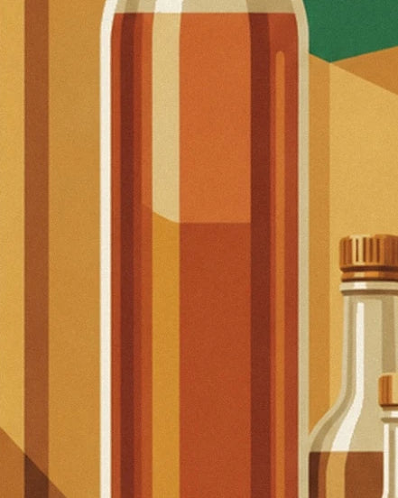 Eine große Bernsteinflasche mit cremefarbenen Lichtern, neben einer Flasche mit goldenem Stöpsel