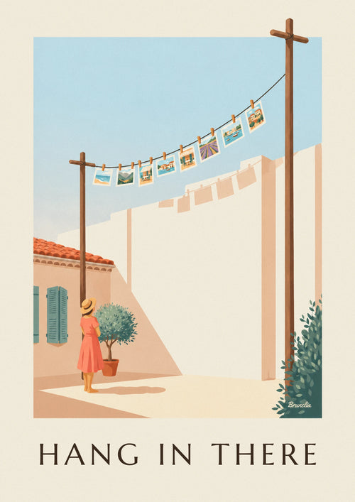 Poster of a clothesline, wooden clothespins and small photos: the full poster