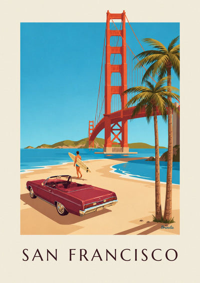 Poster Cabrio vor der Golden Gate Bridge in San Francisco: das ganze Poster