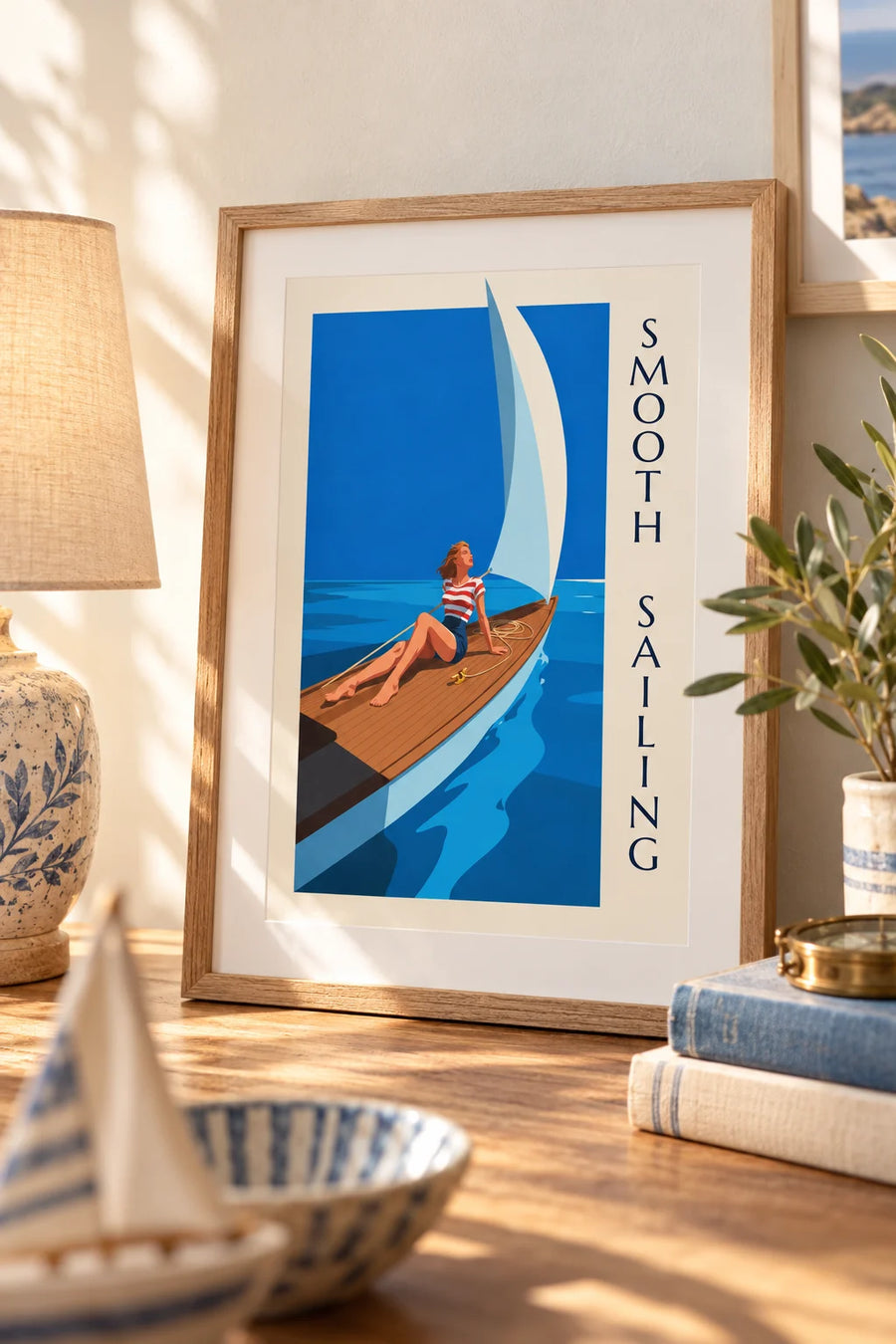Poster Pin-up auf dem Deck eines Segelschiffs auf offener See: Kleinformat A4 gerahmt
