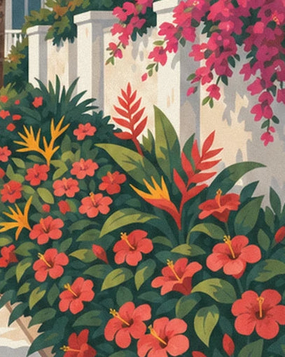 Die roten Hibiskusblüten und rosa Bougainvilleen vor der weißen Wand