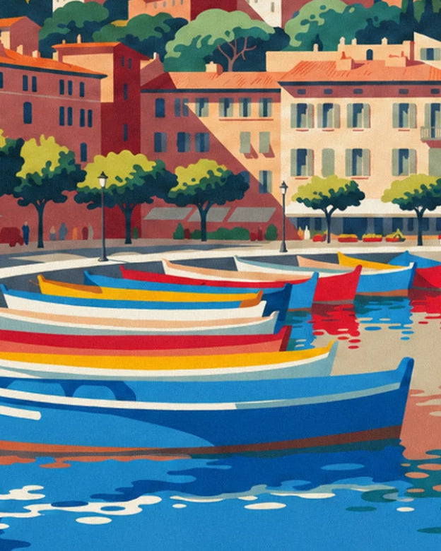 In Blau, Rot und Gelb gestreifte Boote liegen vor ockerfarbenen Fassaden vor Anker