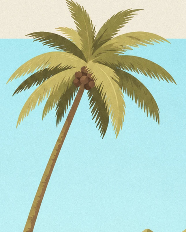 Die schiefe Palme mit braunen Kokosnüssen und großen goldenen Wedeln