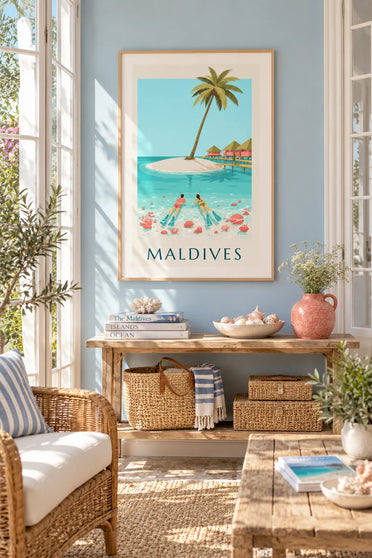 Affiche bungalows sur pilotis de nuit dans un lagon des Maldives : encadrée au mur