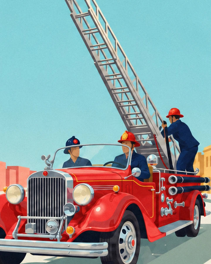 The red fire engine and its 3 firefighters in helmets, with the grey ladder raised towards the sky