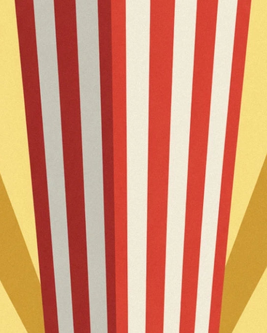 Red and white stripes on the popcorn cone against a radiant yellow background
