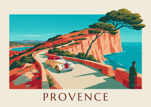 Affiche cabriolet sur la route des Crêtes au-dessus de Cassis : l'affiche entière