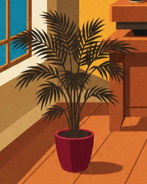 The palm in a purple pot beside the window, on the orange parquet floor