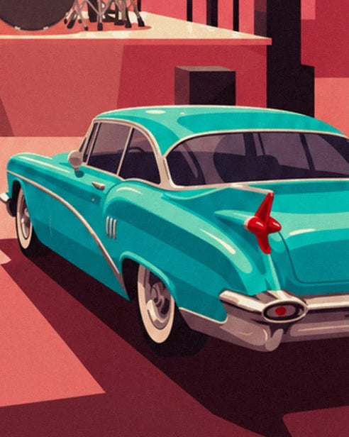 La voiture turquoise à ailerons, aux chromes brillants et aux pneus à flancs blancs