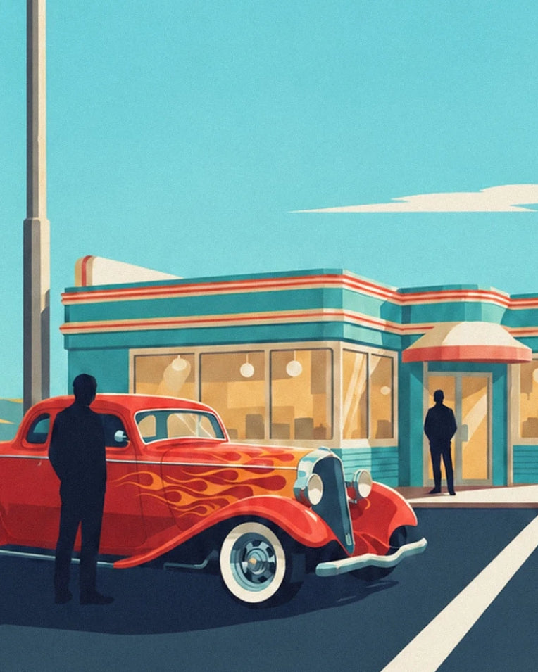 Poster Hot Rod vor einem Rock-'n'-Roll-Diner: Detail in Nahaufnahme