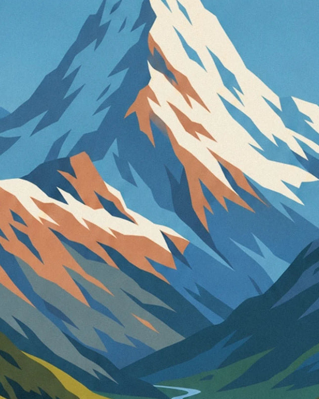 Les sommets enneigés aux flancs bleus et ocre au-dessus d'une vallée verdoyante