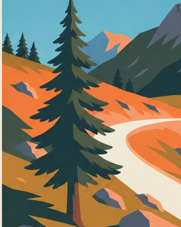 A tall dark fir on the orange slope, above a hairpin bend