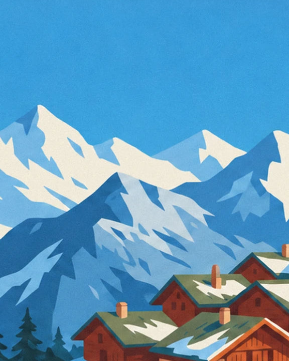 The snowy peaks against a blue sky, above the chalet roofs