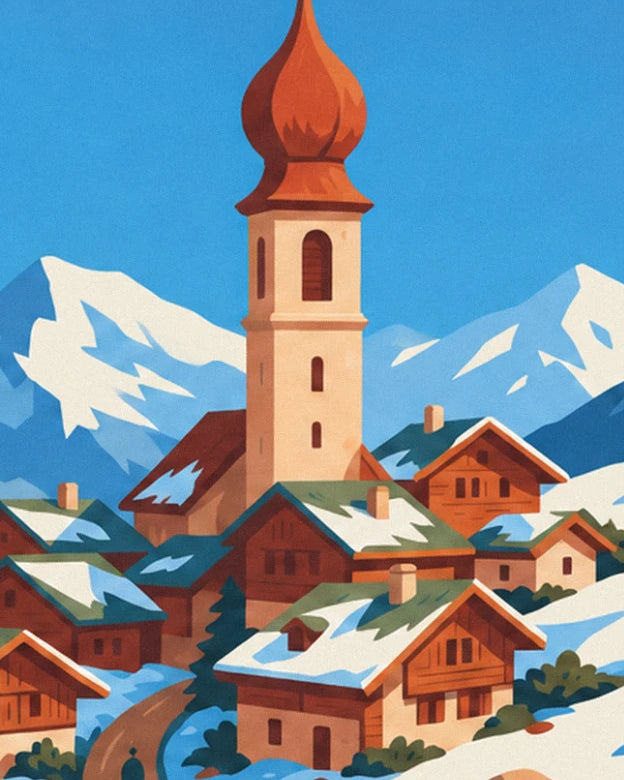The russet onion-domed bell tower overlooking wooden chalets with snowy roofs