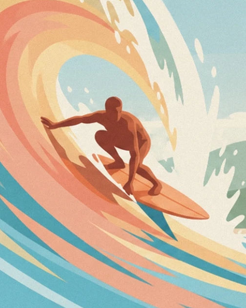 Der Surfer kauert auf seinem orangefarbenen Board im Hohlraum einer türkis-korallenroten Welle