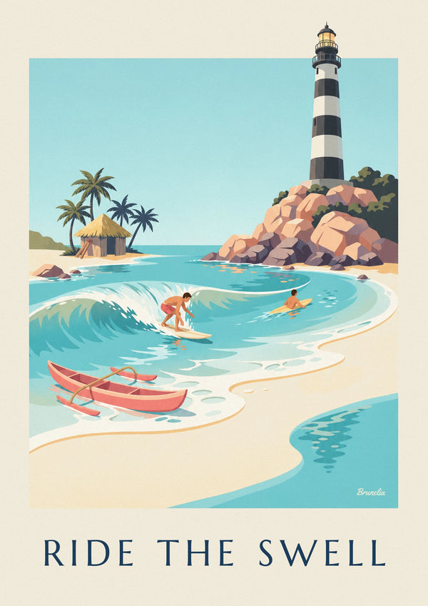 Poster Surfer auf einer türkisfarbenen Welle und tropische Bucht
