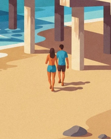 The couple in shorts on the golden sand between the pier pillars