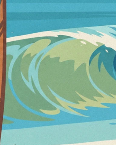 The soft green wave with turquoise curves and white foam near a pillar