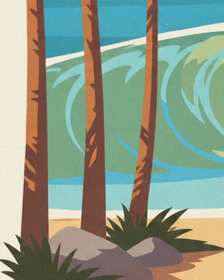 The 3 palm trunks, rocks and green wave at the edge of the golden sand
