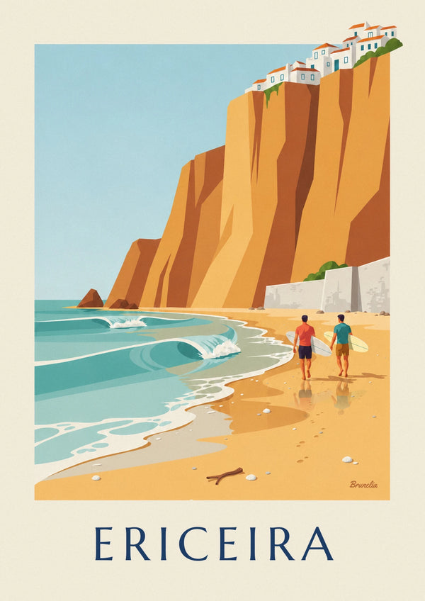Affiche surfeurs au pied des falaises d'Ericeira