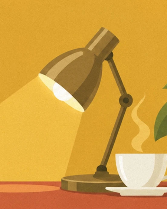 La lampe articulée aux tons dorés et la tasse blanche fumante sur le bureau