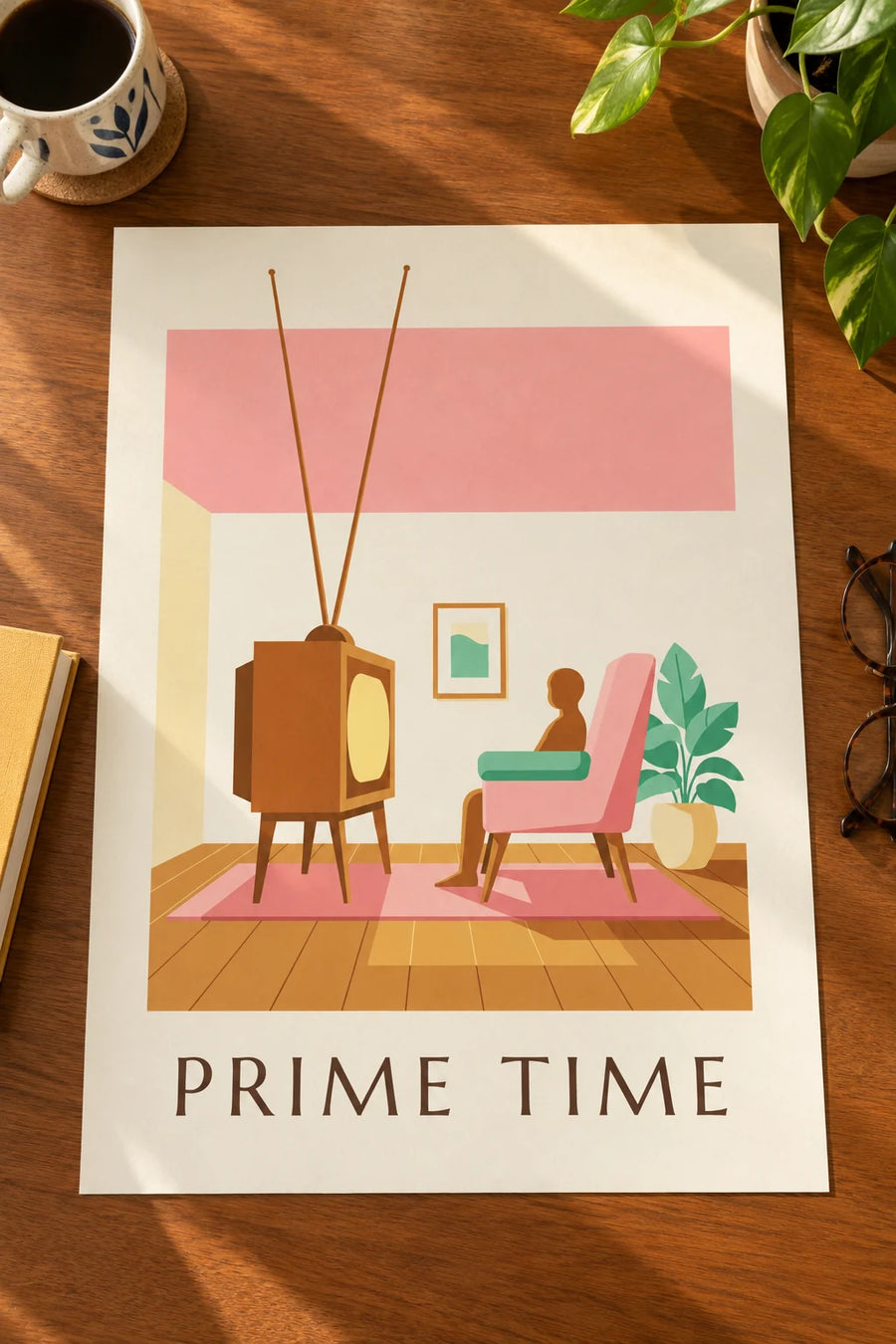 Poster Röhrenfernseher aus Holz in einem Wohnzimmer in Pastellfarben: auf einem Tisch aufgestellt