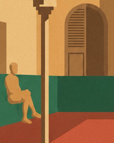 Eine Figur neben dem Platz, zwischen einem Pfosten und einer ockerfarbenen Fassade mit grünen Wänden