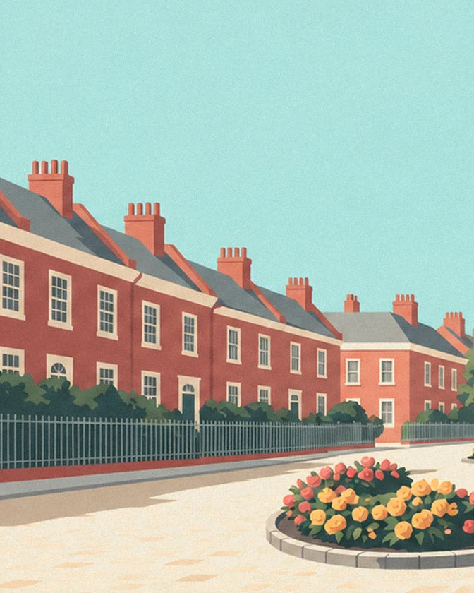 The red-brick London houses behind the railings, facing the flower bed
