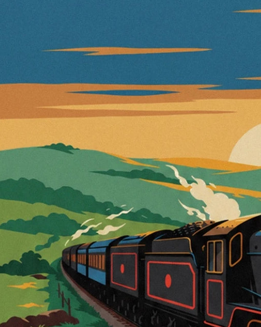 The train rounding a bend between the green hills, beneath a blue and orange sky