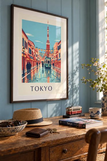 Poster alte Straßenbahn von Tokio und Tokyo Tower in der Dämmerung: gerahmt an der Wand