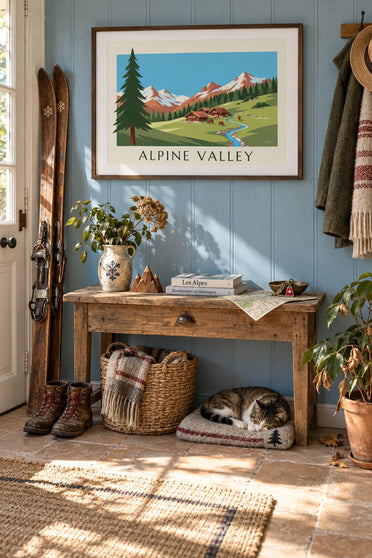 Poster Alpental, Holzchalets und Weiden: gerahmt an der Wand
