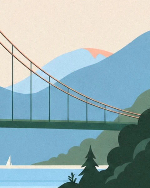 The cables of Lions Gate bridge against the blue mountains and fir trees