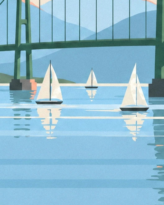The 3 white sailing boats and their reflections on the blue water beneath Lions Gate bridge