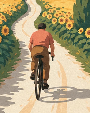 Le cycliste en polo corail, vu de dos, sur le chemin de terre entre les tournesols