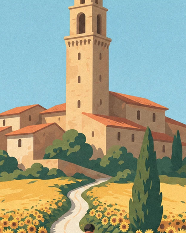 Le clocher de pierre et les toits de tuiles du village perché, au bout du chemin